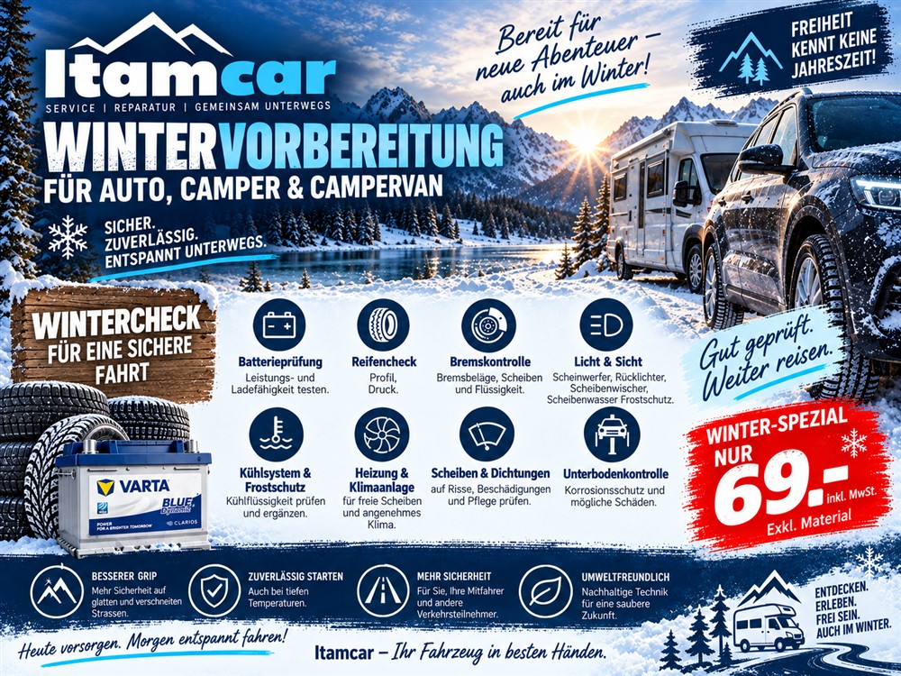 Der Winter bringt wunderschöne Reisen und Landschaften, stellt aber gleichzeitig besondere Anforderungen an Ihr Fahrzeug. Bei Itamcar sorgen wir dafür, dass Ihr Auto, Camper oder Campervan optimal auf tiefe Temperaturen, Schnee, Eis und anspruchsvolle Strassenverhältnisse vorbereitet ist.